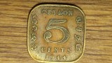 Ceylon - moneda de colectie coloniala exotica - 5 cents 1944 -George VI - patrata - varianta subtire