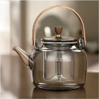 Ceainic 1000 ml din sticla borosilicata su infuzor si maner lemn, Fumuriu foto