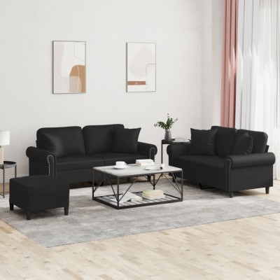 vidaXL Set de canapele cu perne, 3 piese, negru, piele ecologică foto