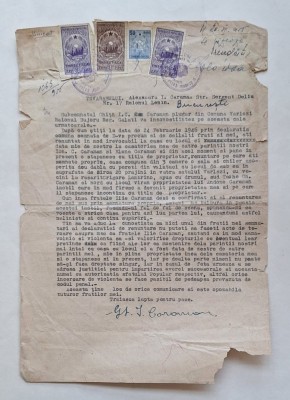 Document juridic Rom&amp;acirc;nia 1946 &amp;ndash; Declarație proprietate cu timbre fiscale &amp;ndash; Galați/București foto