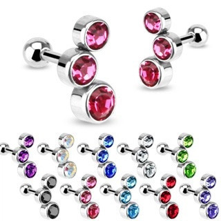 Pereche de piercing-uri din oțel pentru ureche, trei zirconii rotunde, diverse culori - Culoare zirconiu piercing: Mov - A foto