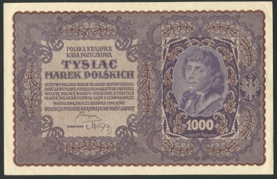 q434 POLONIA 1000 MAREK 1919 aUNC fara pliuri sau indoituri, doar un colt indoit foto