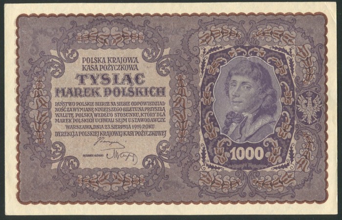 q434 POLONIA 1000 MAREK 1919 aUNC fara pliuri sau indoituri, doar un colt indoit