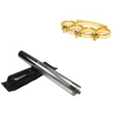 Cumpara ieftin Set Autoaparare: Baston Telescopic Otel 64cm Argintiu + Box Craniu Auriu. Compact 20cm, Husa Curea, Ideal Protectie
