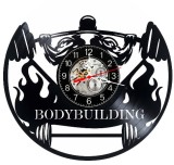 Ceas de perete decorativ realizat din disc de vinil, Model Bodybuilding Culturism, Haltera Flacari, Negru, 30 cm