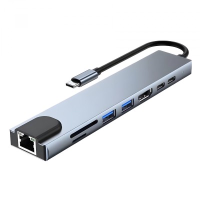 Hub USB-C 8 in 1 cu HDMI 4K, USB 3.0, cititor SD/TF, retea Ethernet Gigabit, incarcare rapida PD 87W, compatibil Windows/macOS, design compact foto