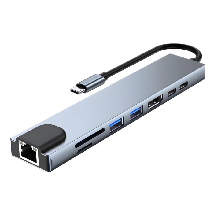 Hub USB-C 8 in 1 cu HDMI 4K, USB 3.0, cititor SD/TF, retea Ethernet Gigabit, incarcare rapida PD 87W, compatibil Windows/macOS, design compact