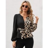 Bluza eleganta duo Negru Animal print, cu cordon in talie