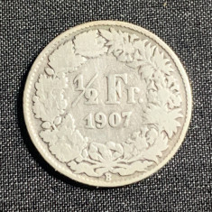 Moneda 1/2 franci 1907 Elveția argint