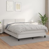 VidaXL Pat box spring cu saltea, alb, 140x200 cm, piele ecologică