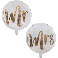 Set 12 Baloane din Folie Metalizata si din Latex, Cyrax, Model Mr Mrs, Tema Nunta, Baloane Party cu Confetti, 45 cm, 30 cm, Pai inclus, Umflare cu Aer