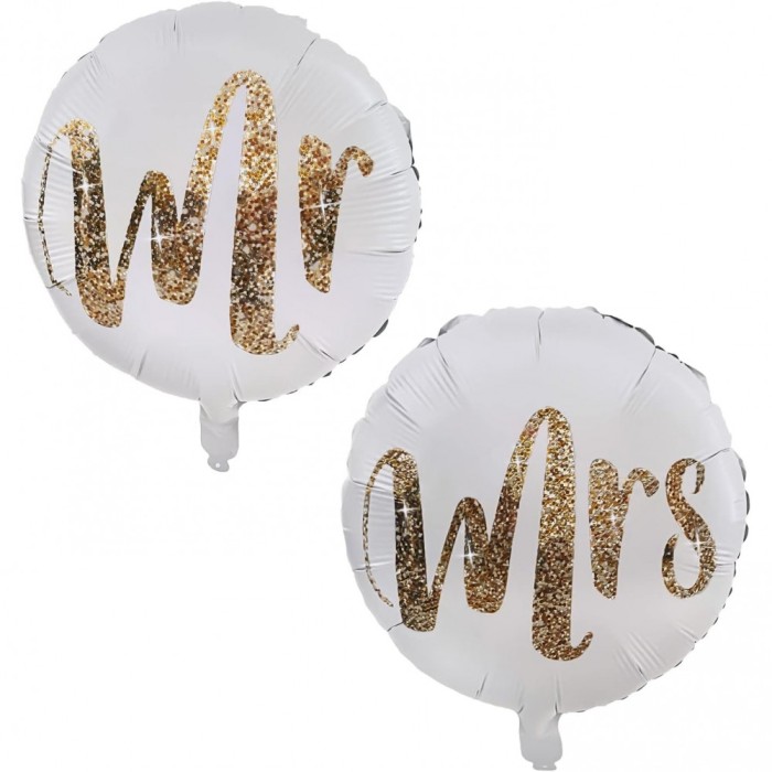 Set 12 baloane din folie metalizata si din latex, flippy, model mr mrs, tema nunta, baloane party cu confetti, 45 cm, 30 cm, pai inclus, umflare cu ae