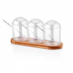 Set recipiente pentru condimente cu suport, Plasberg, 619PLS1155, Plastic, Maro/Transparent