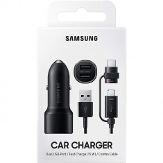 Incarcator Auto Fast Charge 2 x USB 15W Negru + Cablu USB la Micro USB &amp;amp; Type C foto