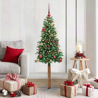 vidaXL Brad de Crăciun subțire Verde 150 cm PVC și lemn de PIN masiv 3394859 foto