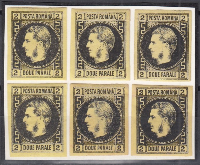 ROMANIA 1866/1867 LP 18 a REGELE CAROL I CU FAVORITI 2 PARALE HARTIE SUBTIRE NEGRU PE HARTIE GALBENA BLOC REPORT 6 TIMBRE CELE 6 TIPURI SARNIERA