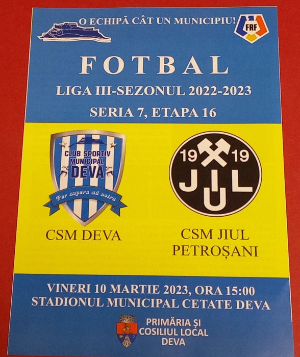 Program meci fotbal CSM DEVA - CSM JIUL PETROSANI (10.03.2023)
