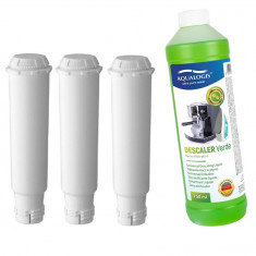 Kit intretinere pentru espressor, Aqualogis, 3 x Filtru apa AL-TES46, Solutie decalcifiere Verde 750 ml, Compatibilitate multipla
