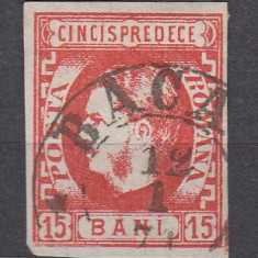 ROMANIA 1869 LP 27 CAROL I CU FAVORITI VAL. 15 BANI ROSU STAMPILA BACAU