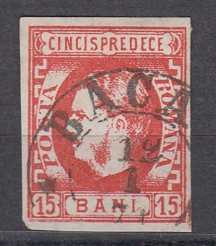 ROMANIA 1869 LP 27 CAROL I CU FAVORITI VALOAREA 15 BANI ROSU STAMPILA BACAU foto
