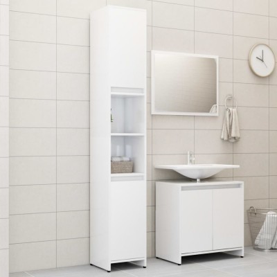 Set mobilier de baie, 3 piese, alb extralucios, lemn prelucrat foto