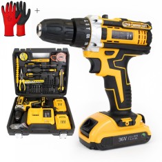 Masina de Gaurit si Insurubat cu Percutie, Fara fir Autofiletanta, 30 Accesorii, 2 acumulatori