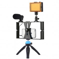 Kit vlogging profesional,trepied,suport telefon,microfon,mini panou LED - Albastru