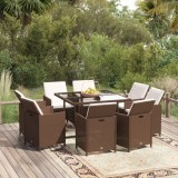 VidaXL Set mobilier de grădină cu perne, 9 piese, maro, poliratan