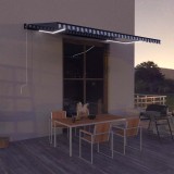 VidaXL Copertină cu senzor v&acirc;nt &amp; LED, albastru &amp; alb, 500x300 cm