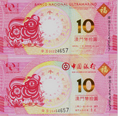Bancnota Macao 10 Patacas 2021 - PNew UNC (Anul bivolului - set x2 BNU + BoC) foto