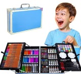 Cumpara ieftin Set de desen si pictura pentru copii, 145 piese, valiza portabila din metal cu sertare, creioane, markere, acuarele, pasteluri, pensule si accesorii,