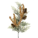 Ramură Decorativă Crăciun, 57 cm, Culoare Verde și Auriu, Conuri și Pomușoare Aurore, Oem
