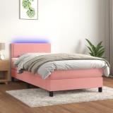 Cumpara ieftin Pat cu arcuri, saltea și LED, roz, 100x200 cm, catifea