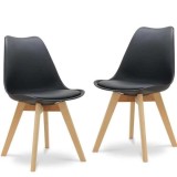 Set 2 Scaune Grosseto, Stil Scandinav cu Picioare din Lemn, Sezut din PP si Perna din Piele Ecologica, Maxim 120 Kg, 49 x 45 x 82 cm, Negru