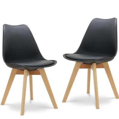 Set 2 Scaune Grosseto, Stil Scandinav cu Picioare din Lemn, Sezut din PP si Perna din Piele Ecologica, Maxim 120 Kg, 49 x 45 x 82 cm, Negru foto