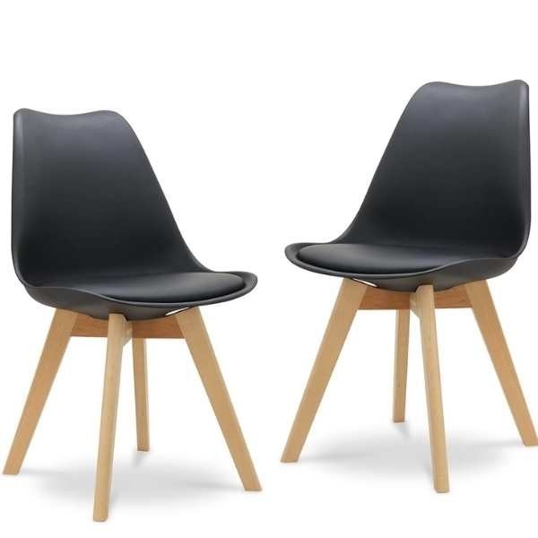 Set 2 Scaune Grosseto, Stil Scandinav cu Picioare din Lemn, Sezut din PP si Perna din Piele Ecologica, Maxim 120 Kg, 49 x 45 x 82 cm, Negru