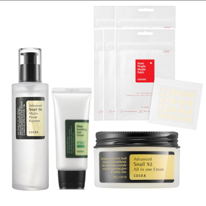 COSRX BestSeller Set - Crema SPF 50ml + Crema fata 100g + Esenta 100ml + Plasturi 24 buc x 5 plicuri
