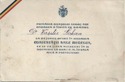A3046N Invitație la dejunul oferit &amp;icirc;n onoarea Regelui Ferdinand, primăria Lugoj pt directorul liceului Coriolan Brediceanu, Vasile Lohan, 1923 foto