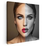 Tablou femeie jumatate fata cu machiaj jumatate alb negru Tablou canvas pe panza CU RAMA 60x60 cm