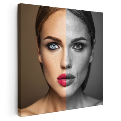 Tablou femeie jumatate fata cu machiaj jumatate alb negru Tablou canvas pe panza CU RAMA 30x30 cm foto