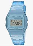 Cumpara ieftin Ceas unisex digital Casio Collection F-91W, quartz, rezistent la apa, alarma si cronometru, bratara transparenta albastra