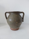 Oala cramica veche taraneasca, lut si glazura verzuie, 23cm inaltime