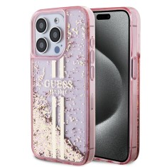 Husa Guess Liquid Glitter Gold Stripes iPhone 15 Pro cu sclipici, roz, GUHCP15LLFCSEGP foto