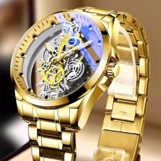 Ceas barbatesc luxury MBrands quartz, bratara inox, spate transparent, secundar forma rotita Auriu