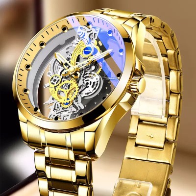 Ceas barbatesc luxury MBrands quartz, bratara inox, spate transparent, secundar forma rotita Auriu foto