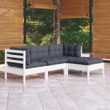 Cumpara ieftin Set mobilier grădină cu perne, 4 piese, alb, lemn de pin