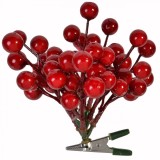 Decorațiune Crăciun, Crenguță cu Pomușoare, Clips, Plastic, Roșu, 14x12cm, Oem