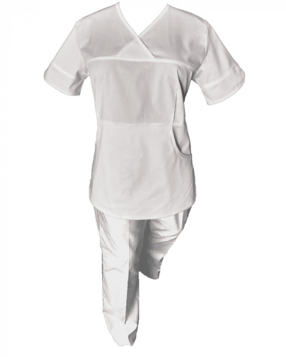 Costum Medical Pe Stil, Alb cu Elastan, Model Sanda - S, 3XL