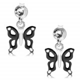 Cercei din argint 925, fluture negru şi alb cu decupaje pe aripi, cristal