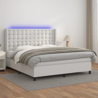 vidaXL Pat cu arcuri, saltea și LED, alb, 160x200 cm, piele ecologică 3139392 foto